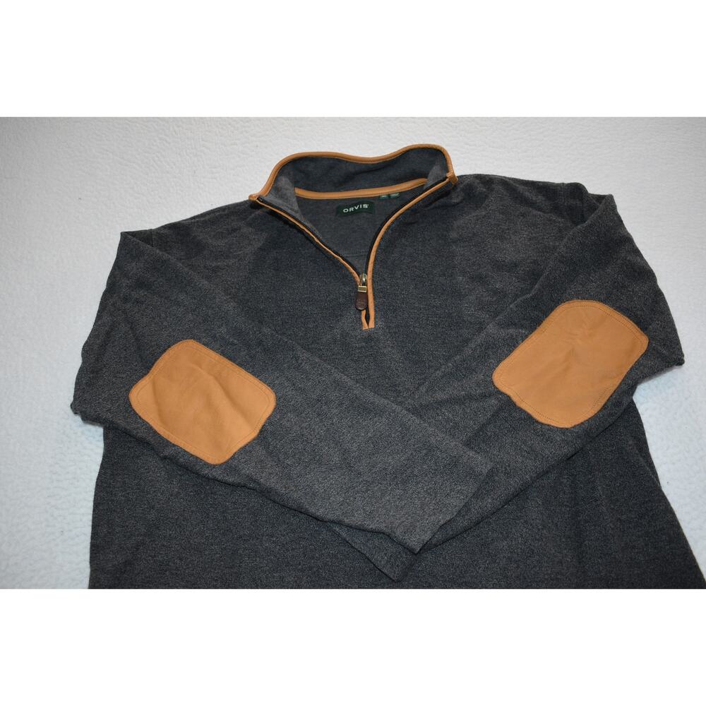 Orvis Charcoal Gray Quarter-Zip Sweater with Tan Elbow Patches